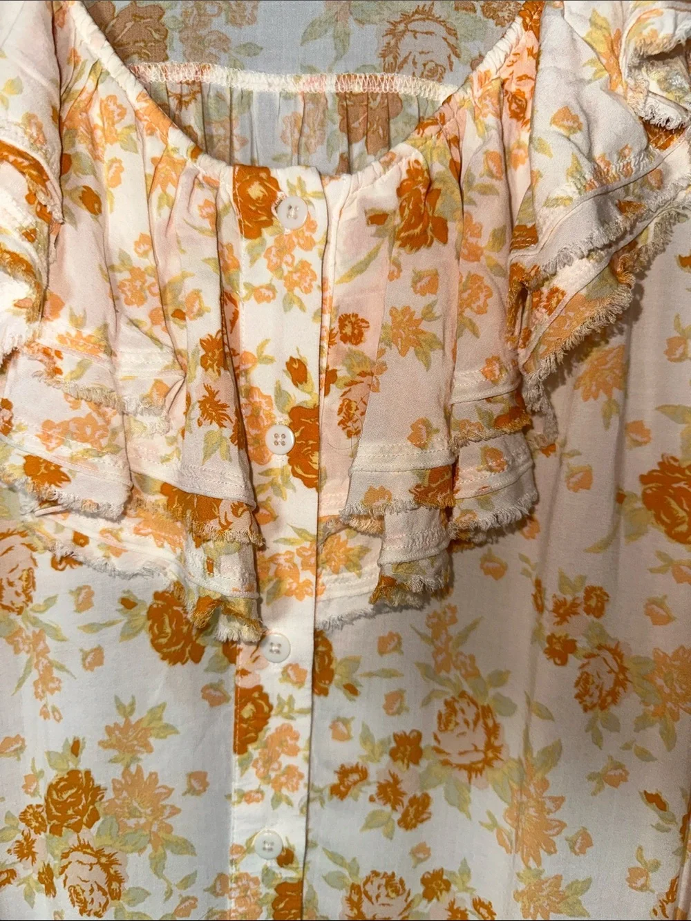 Free People Loretta Cream Floral Ruffle Button-Front Blouse